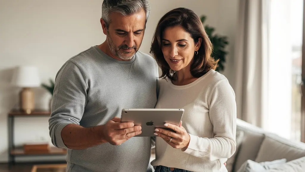 Coppia italiana valuta prezzi immobiliari su tablet in soggiorno luminoso